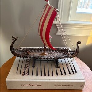 Viking Ship Model with Red and White Sail